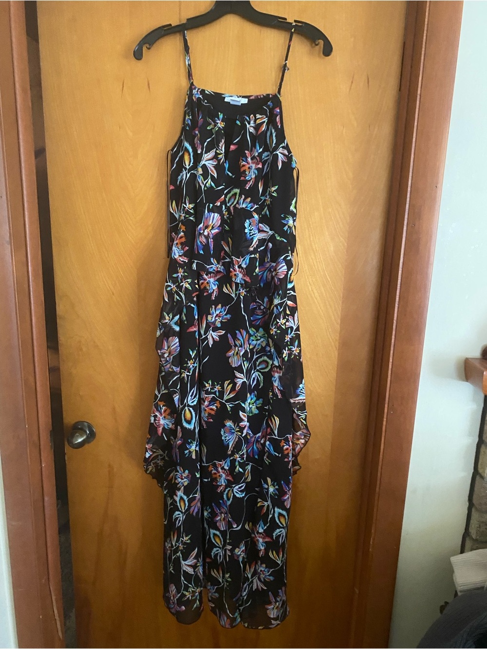 Bar III Black Floral Lace Up Open Back Asymmetric Maxi Dress M